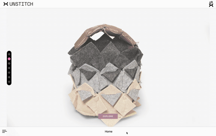 the tessellated bag render dissolving into the Home / Work / PlayGround navigation tiles